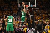 LeBron James #23 of the Cleveland Cavaliers blocks a dunk by Aron Baynes #46 of the Boston Celtics - 2018 ECF.